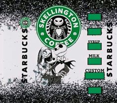 a starbucks sign with the skeleton and jack skellington coffee logo on it's side