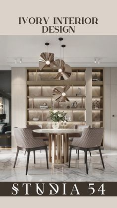 an elegant dining room with chairs and a table in front of a bookcase filled with books