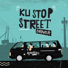 a black van driving down a street next to a sign that says kill stop street driver