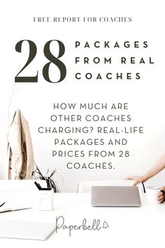 a woman sitting at a desk in front of a laptop with the text 28 packages from real coaches