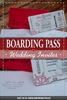 boarding cards with the words boarding pass on them and red envelopes next to it