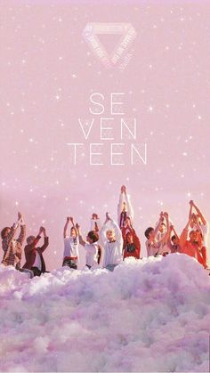 a group of people standing on top of a pile of clouds with the words se ven teen above them