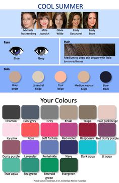 Qual è il tuo colore stagione? Primavera, estate, autunno, inverno? FUN! :) Cool Summer Palette Hair Color, Cool Summer Type, Cool Summer Hair Colors, Cool Summer Makeup, Cool Summer Color Palette, Skin Types Chart, Cool Summer Palette, Which Hair Colour, Color Seasons