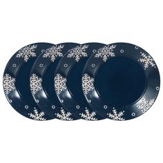 six blue plates with white snowflakes on them