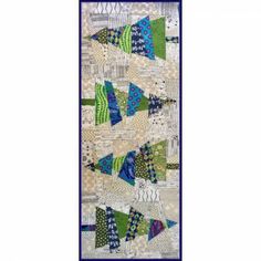 an image of a quilted bookmark with blue and green triangles on the front