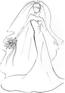 a drawing of a bride with her veil blowing in the wind, holding a bouquet of flowers