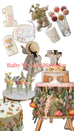 baby's first birthday cake and other items are displayed in this collage photo