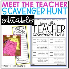 the teacher's guide to meet the teacher in their classroom with text that reads meet the teacher scavenger hunt