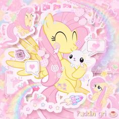 a pink pony holding a white cat on top of a rainbow colored background with hearts and stars