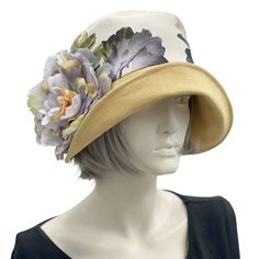 Cloche Hat in Golden Linen with Pretty Floral Print and Peony | The Eleanor Linen Hat, Bespoke Hats, Classy Hats, Horse Races, Brooch Wedding, Afternoon Wedding, Floral Hat, Elegant Hats, Cloche Hat