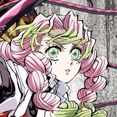 an anime character with pink hair and green eyes