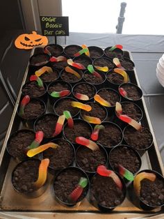 cupcakes with candy sticks in them sitting on a tray at a halloween party