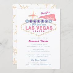 the las vegas sign is shown in pink, blue and yellow on this wedding card