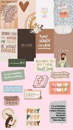 a collage of different types of stickers on a pink background with words and phrases