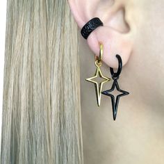 Made with attention to detail, these Star hoop earrings are perfect for both men and women. Sold as pair Material : 316 Stainless steel Hoop inner diameter: 10mm Star size: 28mm long / 16mm wide Listing for pair of hoops only Celtic Star, Earrings Mens, Star Hoop Earrings, Earrings Star, 3d Star, Concept Clothing, Gothic Earrings, Magical Jewelry, Artist Outfit