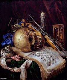 a painting of a skull with musical instruments on it's head and an open book