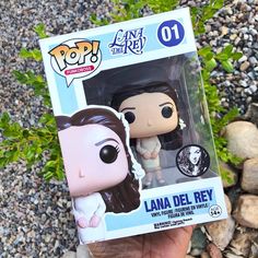 a hand holding a pop vinyl figure of lana del rey in front of some rocks