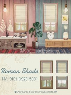 an advertisement for roman shades in the middle of a room with furniture and decor on it