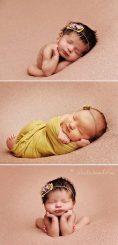 two photos of a baby sleeping on the floor with their hands under their chins