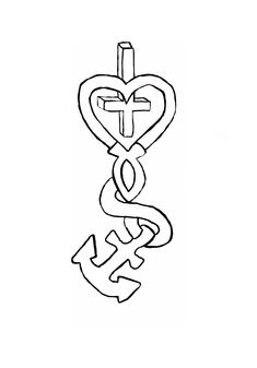 an anchor with a heart and cross on it, in the middle of a line drawing