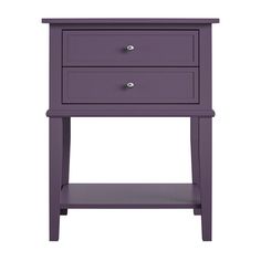 a purple night stand with two drawers and one drawer on the bottom, against a white background