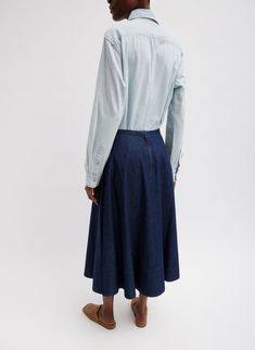 Who doesn’t love a classic circle skirt? All our CP’s will appreciate the Summer Denim Circle Skirt. Crafted from 100% light weight denim from Japan, the Circle Skirt is the perfect PDW to add into your rotation this season. Featuring a zipper and snap detail at the back for closure, this versatile skirt will take you from the office to dinner with ease. Pair back to the matching Cropped Square Neck Top for a set or switch it up and pair back to the Eco Poplin Cropped Shirt and a Berneice Sandal Cold Fits, Summer Denim, Square Neck Top, Japanese Denim, Cropped Shirt, Kinds Of Clothes, Circle Skirt, The Circle, New Arrival Dress