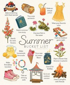 a poster with the words summer bucket list written in it's center surrounded by various items