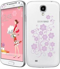 the samsung galaxy s4 phone is shown in white and has pink flowers on it