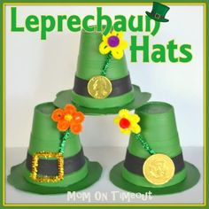 three green hats with flowers and coins on them are featured for leprechaun hats