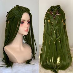 MADE TO ORDER Production time 45-60 days! lacefront middle part only Excellent wig for anything fantasy related! Made from high quality synthetic fibers Hair length is around 24 inch Golden beads Wig Comb and Wig caps included 100% hair density SIZE Average cap size 21-23" GENERAL INFORMATION. PLEASE READ. Please take into consideration that these wigs are made to order, and may vary slightly from the photos displayed. Item process updates are not offered for listed wigs. Custom orders updates w Fairy Wigs Hair, Fairy Princess Hair, Copper And Green Hair, Druid Hairstyles, Green Hair Tips, Long Fairy Hair, Fantasy Hair Styles, Viking Wig, Elf Hairstyles