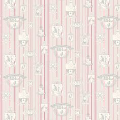 a pink and white striped wallpaper with crest emblems on the front, in grey stripes