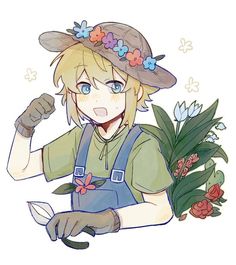 a drawing of a person wearing overalls and a hat with flowers on it's head