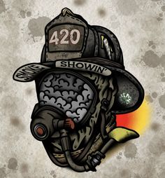 a drawing of a fireman's helmet with the words showin on it