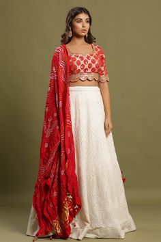 White self-embroidered Zari lehenga set featuring bandhej dual print dupatta and zari & gota patti embroidered red blouse. The lehenga also has a long tassel attached to tie the knot. Pair it with beautiful jewelry to enhance your look. Shop online from Pure Elegance. Disclaimer: The actual product may vary slightly from the image. These are custom orders, hence expect slight variation in color, placement of the motif, or buta. ESTIMATED DELIVERYBecause this is a custom order, it would take about 4 weeks from the date of purchase. RETURN POLICYThis product is a custom order and cannot be returned or exchanged. Fashion Journals, Silk Lehenga, Traditional Fabric, White Silk, Red Blouses, Tie The Knots, White Shop, Blouse Dress, Lehenga