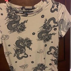 Never Worn, No Tags Trendy Beige Tops With Graphic Print, Trendy Beige Top With Graphic Print, Casual Beige Printed Top, Trendy Printed Beige Tops, Trendy Beige Printed Tops, Dragon Print Shirt, White Crop Tank, White Crop Top Tank, Black Lace Bodysuit