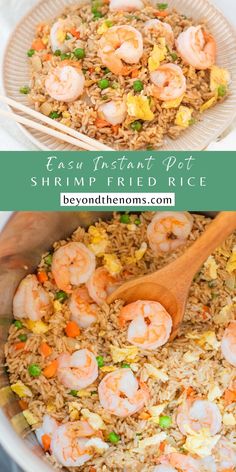 shrimp fried rice in a pan with chopsticks