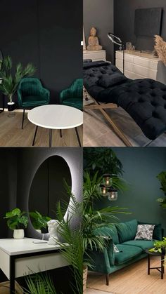 four different images of green and black furniture in various rooms, including a couch, coffee table