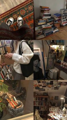 there are many different pictures of books on the shelves in this room and one is holding a book