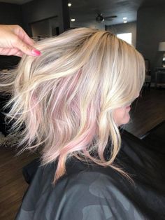 Blonde With Pink Lowlights, Pops Of Pink In Blonde Hair, Blonde Hair With Rose Gold Peekaboo, Blonde With Subtle Pink, Light Pink On Blonde Hair, Platinum Blonde With Rose Gold, Blonde Bob With Pink Highlights, Blonde Hair With Soft Pink Highlights, Blonde W Pink Highlights