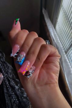 Cow print nails, short acrylic nails, short set nails, colorful nails, square , charms on nails Colored Cow Print Nails, Cow Print Nails Square, Colorful Nails Square, Short Nails Square Acrylic, Short Set Nails, Cow Print Nails Short, Cow Nails Designs, Short Cow Print Nails, Cow Print Nails Acrylic