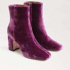 New Pair Of Sam Edelman Codie Square Toe Bootie In Purple Velvet In Size 6m. Sold Out Everywhere. A Square Toe Updates An Ultrasleek Bootie Finished With Glimmering Logo Hardware At The Gently Flared Heel. * 3 1/2" Heel * 5 1/2" Shaft * Side Zip Closure * Synthetic Upper/Synthetic Lining And Sole Purple Ankle Booties, Purple Round Toe Boots For Fall, Fall Purple Round Toe Boots, Fitted Round Toe Booties For Fall, Purple Ankle Heeled Boots For Fall, Fall Purple Ankle Heeled Boots, Fitted Booties With Stacked Heel And Round Toe, Purple Round Toe Heels For Fall, Fitted Purple Ankle Boots