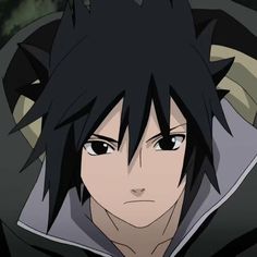 an anime character with black hair wearing a hoodie and looking at the camera while staring straight ahead