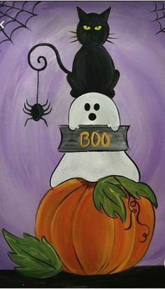 a painting of a black cat sitting on top of a pumpkin with the word boo written on it