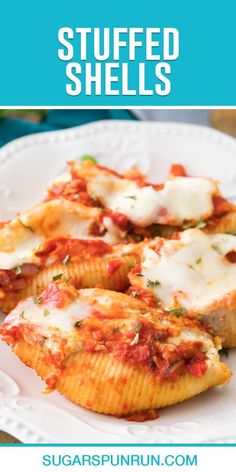 stuffed shells on a white plate with text overlay