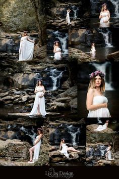 a woman in white dress standing next to a waterfall wearing a flower crown and flowing water