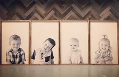 three framed photos of children in front of a chevron wall with wood planks