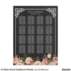 a black and white wedding seating chart with pink flowers on the front, in an ornate frame