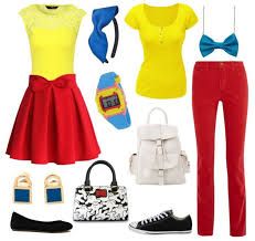 a woman's outfit with red pants, yellow shirt and black shoes is shown