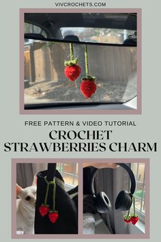 the crochet strawberries charm is shown in three different pictures