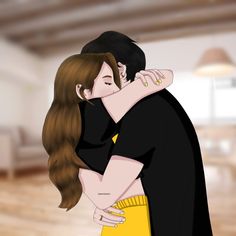 an animated image of two people hugging each other in a room with wood flooring